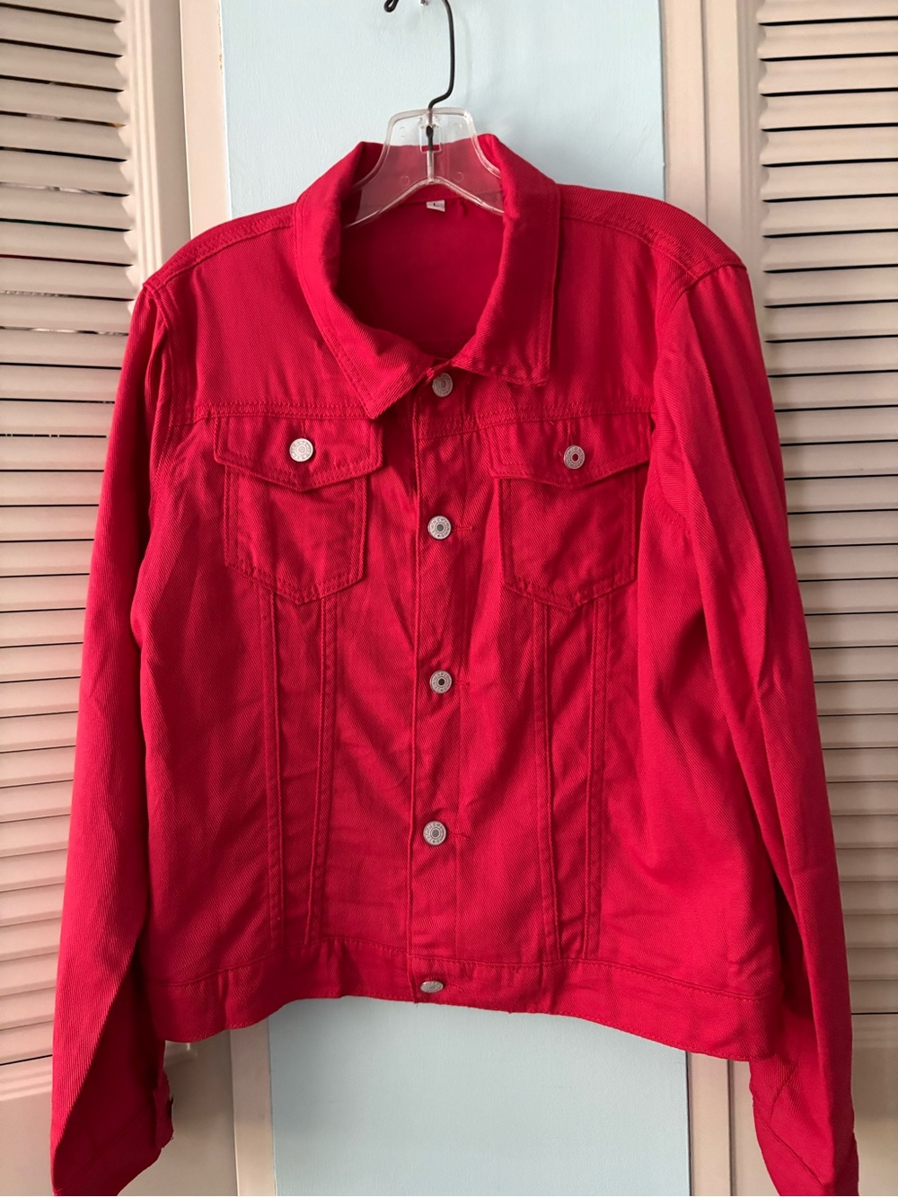 New lightweight red jean jacket with pockets.